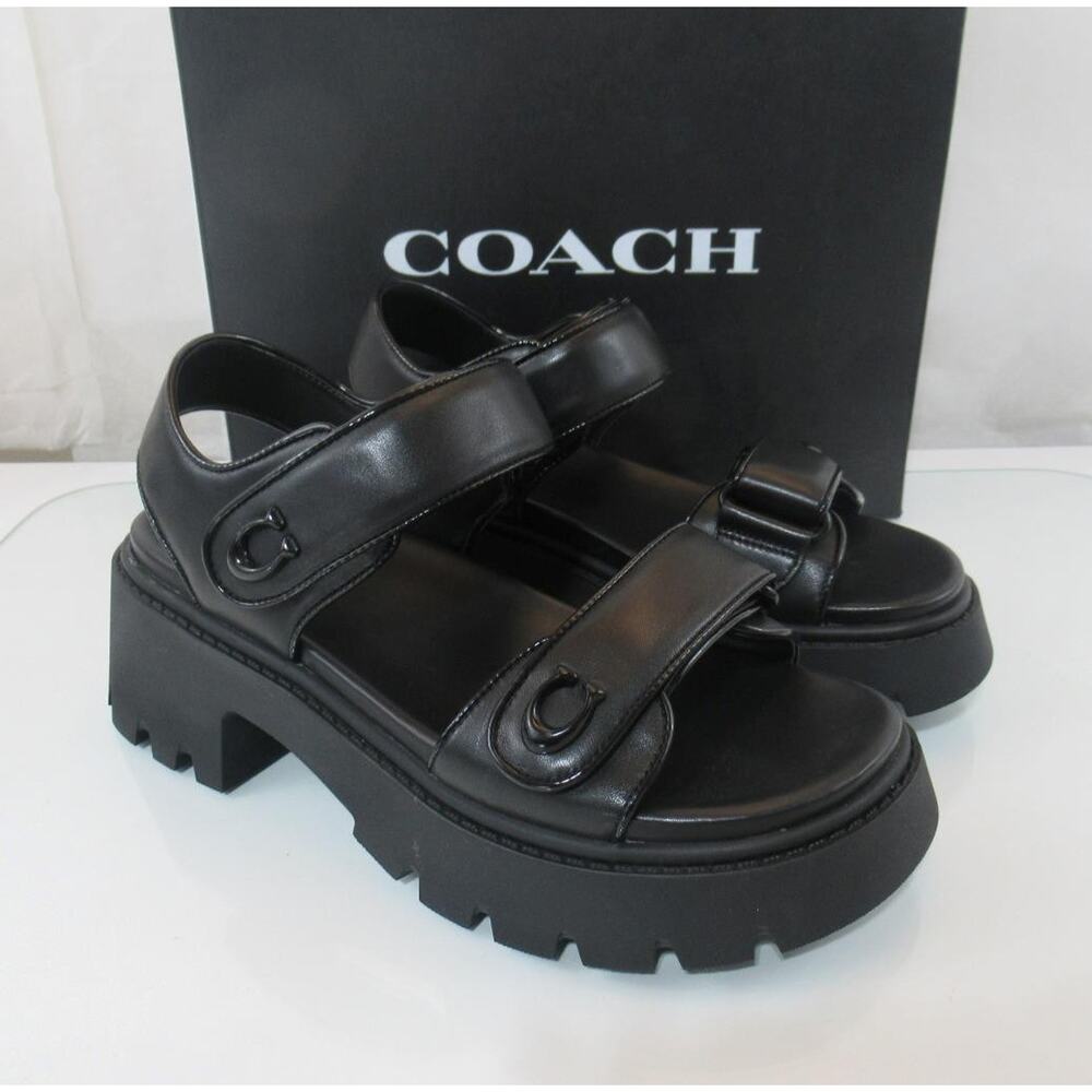Coach Size 7.5 Brynn Platform Double Strap Sandal Chunky Lug Platform Black - Picture 4 of 11
